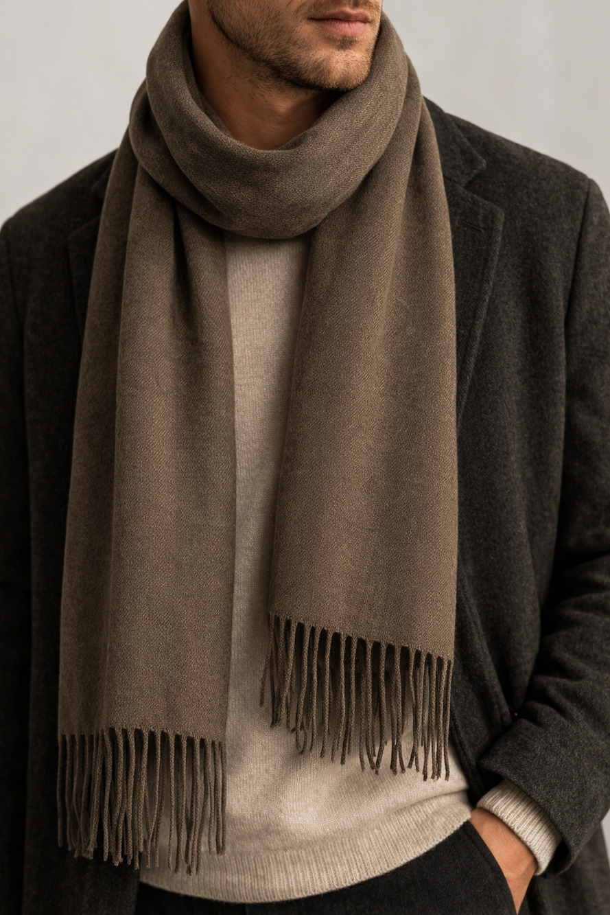 100% Cashmere Scarf Taupe Gray Hand Finished Made Germany Fringe 12x72